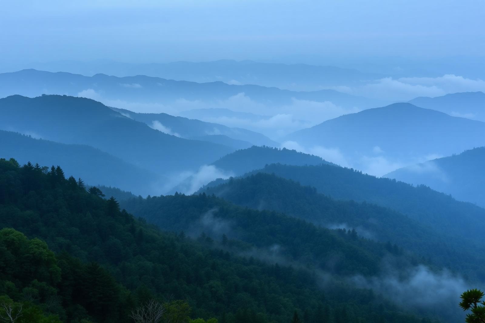 Misty layered ridges of the Great Smoky Mountains at dawn